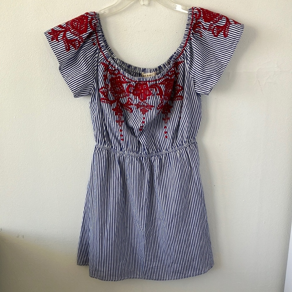 Miami Blue & White Stripe Mini Dress W/ Red Embroidery On/Off‎ Shoulder SzS- EUC